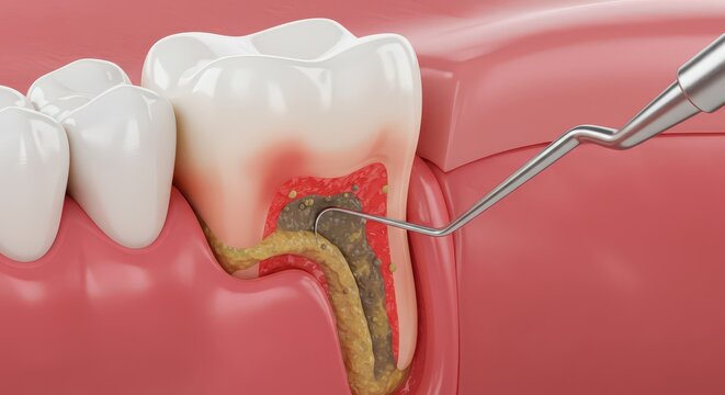Close up of a diseased tooth undergoing root canal treatment with dental instruments