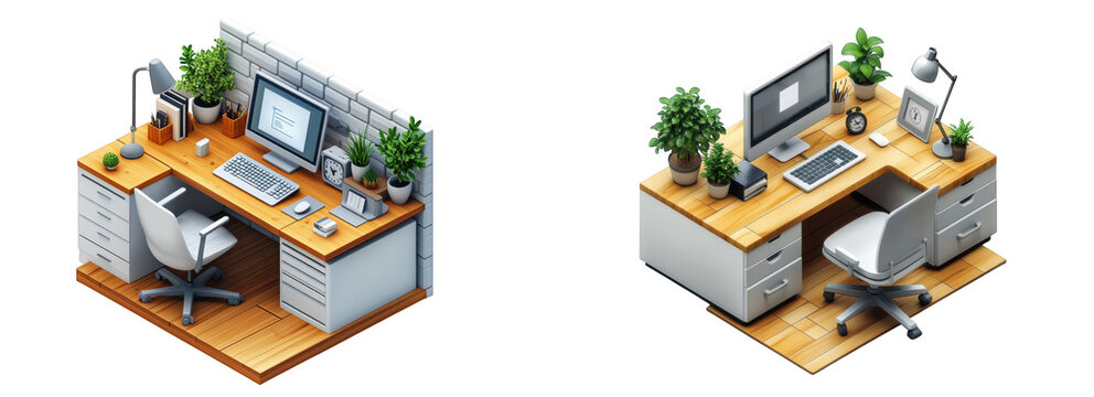 Modern office desk with computer, keyboard, mouse, monitor, plants, and chair, arranged in a corner, isolated on transparent background