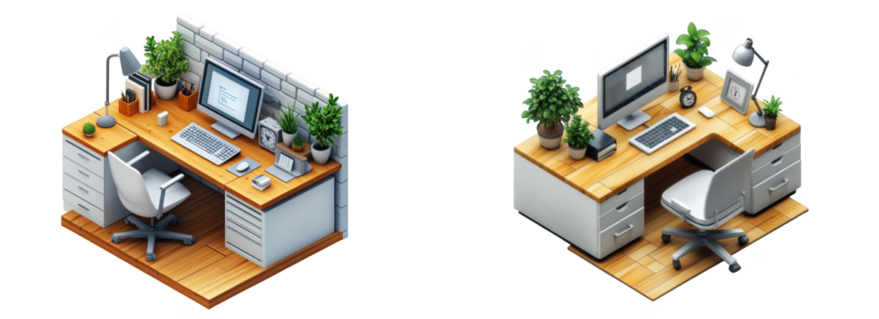 Modern office desk with computer, keyboard, mouse, monitor, plants, and chair, arranged in a corner, isolated on transparent background