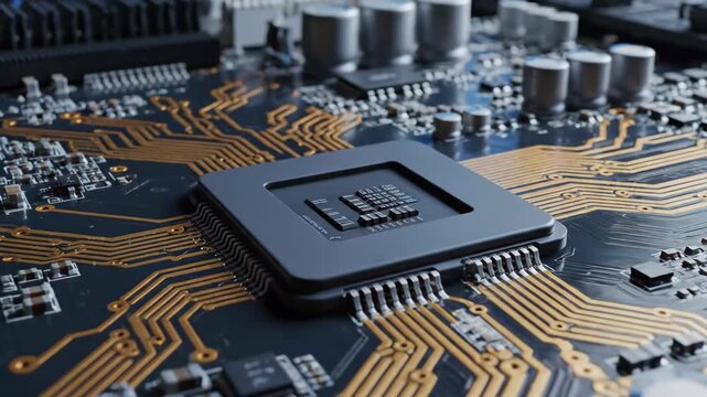 High Tech Motherboard with Data Stream - A close-up shot reveals the intricate details of a computer motherboard with a central processor emitting light.