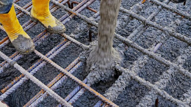 Close up of yellow worker boots and pouring liquid wet concrete into a armature frame at construction site.