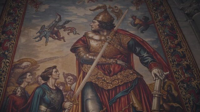 Painted warrior saint holding spear. Large mural painting in cathedral shows armor and fresco angel. Composition references religion and legend. Rich color and ornate frame emphasize historic art.