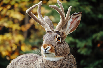 Obraz premium Fantasy Hybrid Creature with Large Antlers and Soft Fur in a Natural Forest Setting – Generative AI