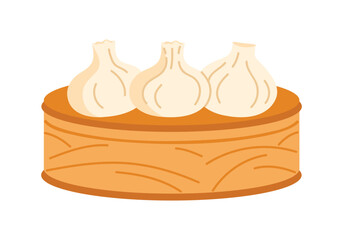 Three traditional Chinese steamed dumplings in a bamboo basket on a white isolated background vector illustration