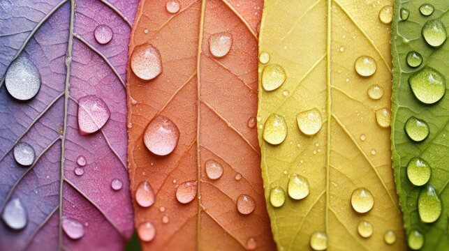 Close-up shot of colorful leaves with water droplets, showcasing the veins