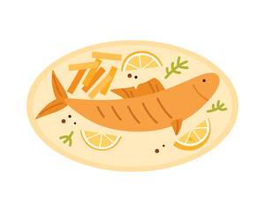 Isolated Cyprus grilled fish served with fries, lemon slices, and herbs on a plate vector illustration