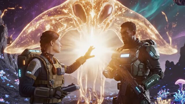 Alien Encounter on Exoplanet - A man and a woman, dressed in futuristic tactical gear, stand on an alien planet with a large, glowing jellyfish-like entity floating above them.