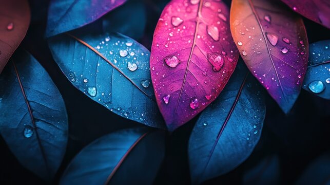 Close-up of vibrant leaves, water droplets glistening, contrasting colors
