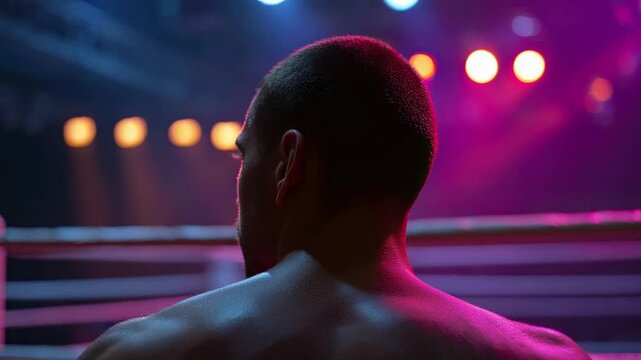 A muscular man with a buzz cut seen from behind standing in a fighting ring under dramatic pink and blue lights