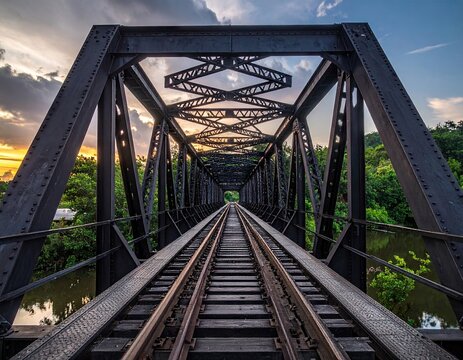 Sunset View of Railroad Bridge with Metal Structure