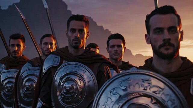 Soldier formation stands at sunset. Warrior line holds shield and spear. Armor gleams while army prepares for battle. Leader faces forward. Formation looks disciplined and ready. Mountains frame view.