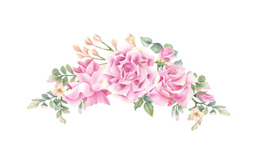 Pink rose floral composition, delicate beige freesia, leaves, pistachio. Pastel botanical flower Illustration isolated from background for wedding invitation, birthday card, women holiday decoration