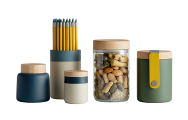 Assorted modern containers and pencil holder with wooden lids