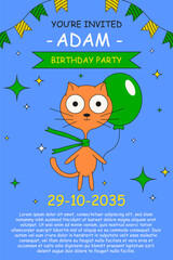 Kids Birthday Invitation flyer. Vector illustration of Birthday Invitation card with cute ginger cat with air balloon and holiday ribbon. Birth poster template design with typography. EPS 10