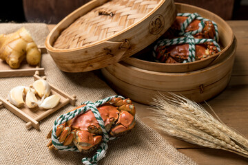 Chinese Hairy Crab In Traditional Bamboo Steamer