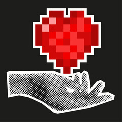 Valentine's Day art. Vector illustration of Halftone hand with modern Pixel heart. Trendy nostalgia Halftone collage art hadn with geometric red heart isolated black background. Perfect Valentine card