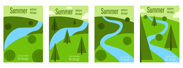 Alpine meadow. Set of vector illustration geen Summer Background with simple hand drawn Alpine meadow tree bush and river. mountain landscape. Perfect Summer card poster cover layount. EPS 10