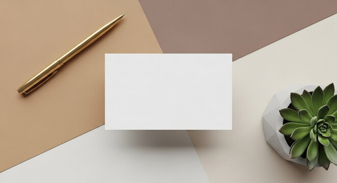 Mockup of a floating white business card over a minimalist desk with a plant. A creative and modern template for eco-friendly or design-focused branding.