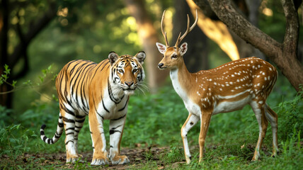 Tiger and Deer Encounter in the Wilderness A Stunning Wildlife Photograph
