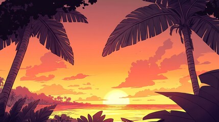 Animated sunset over ocean, framed by palm trees, vibrant colors, tropical scene