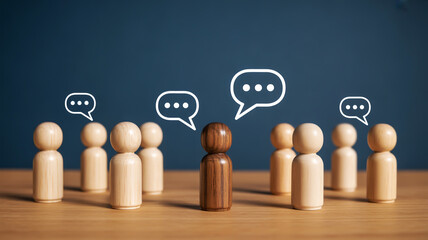Diverse Group of Wooden Figurines with Speech Bubbles Representing Communication and Ideas discussion