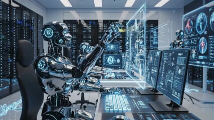 Automated AI Server Room - Several shiny chrome robots are working diligently in a futuristic server room. They are shown operating computer monitors displaying various data and graphs. - Powered by Adobe