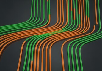 Abstract 3D render of bending orange and green lines merging and dividing. Data transfer and flow concept with geometric shapes.