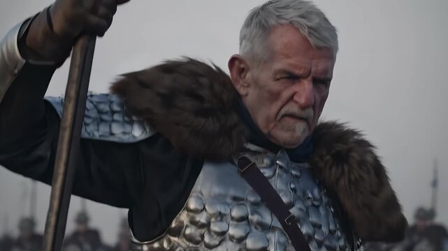 man holds spear against armor and fur. beard and hair frame face. helmet and formation of army create battle tableau. portrait captures detail and texture. scale pattern covers chest plate. closeup.