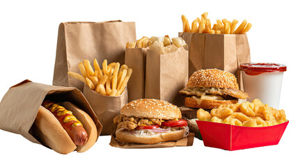 A colorful array of fast food items, including burgers, hot dogs, and fries
