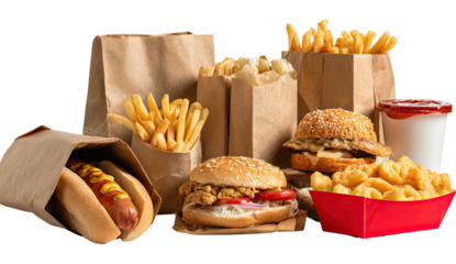 A colorful array of fast food items, including burgers, hot dogs, and fries