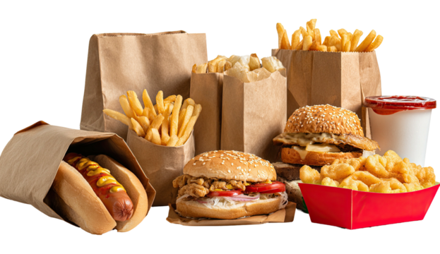 A colorful array of fast food items, including burgers, hot dogs, and fries