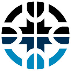 A futuristic tech logo with abstract circuit linework and gradients