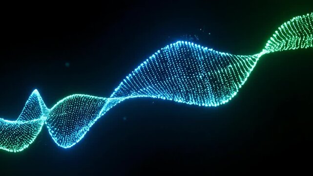 Dynamic glowing DNA structure animation in blue and green hues on black