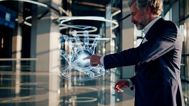 suit interacts with hologram brain in office lobby. gesture controls interface and display. technology and innovation converge. pocket square complements suit. glass corridor window frame lobby.