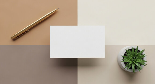 A top-view mockup of a white business card on a minimalist desk with a plant and pencil. A clean and professional template for corporate or eco-friendly branding.