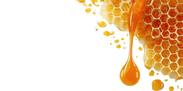 Golden honey dripping from honeycomb, isolated on black