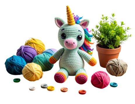Cute crocheted unicorn toy surrounded by colorful yarn balls and small buttons
