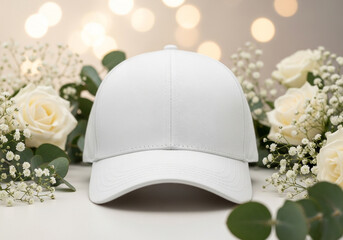 Mockup of a blank white baseball cap on a white surface with eucalyptus and flowers. An elegant template for bridal party, event, or premium apparel branding.