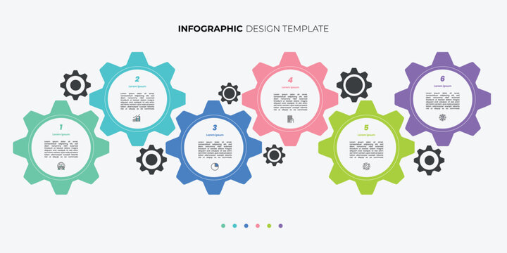 Business infographic template. 6 Step timeline journey. Process diagram, 6 options gear on white background, Infograph element