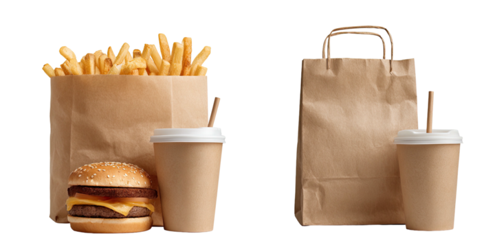A fast-food combo meal and a takeout bag with drinks