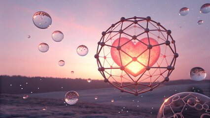 Glowing heart core surrounded by molecule like structure with floating transparent spheres soft