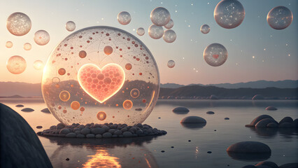 Glowing heart core inside transparent sphere with floating molecular orbs over calm water sunset