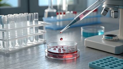 Pipette dropping red liquid into petri dish in laboratory setting with microscope