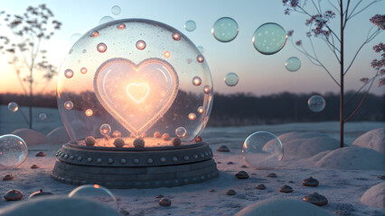 Glowing heart core surrounded by molecule like bubbles in serene outdoor setting at sunset