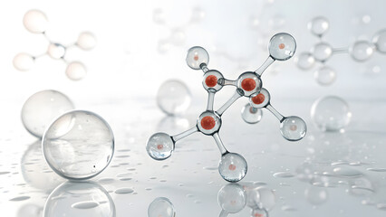 Transparent molecular structure with red atoms floating on reflective surface in soft light