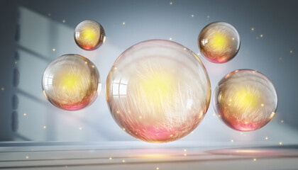 Glowing floating orbs with warm yellow and pink hues create calming and magical atmosphere