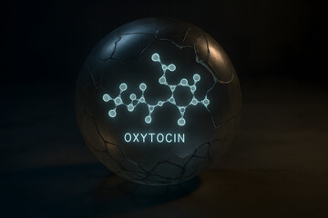 Cracked glass sphere glowing faintly with oxytocin molecule structure inside, dark background