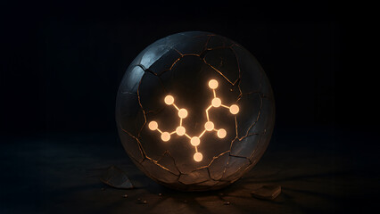 Cracked glass sphere glowing with oxytocin molecule structure inside, dark background