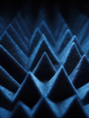 Textured acoustic foam in deep blue color arranged in a geometric pattern to reduce sound reflections in a recording studio, screensaver, background.