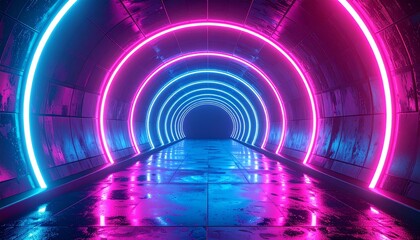 Neon tunnel with futuristic pathway, and abstract.